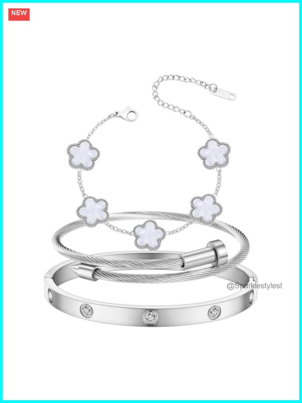 18K Gold Plated Love Friendship Bracelet Set CZ Cuff Bangle Stainless Steel